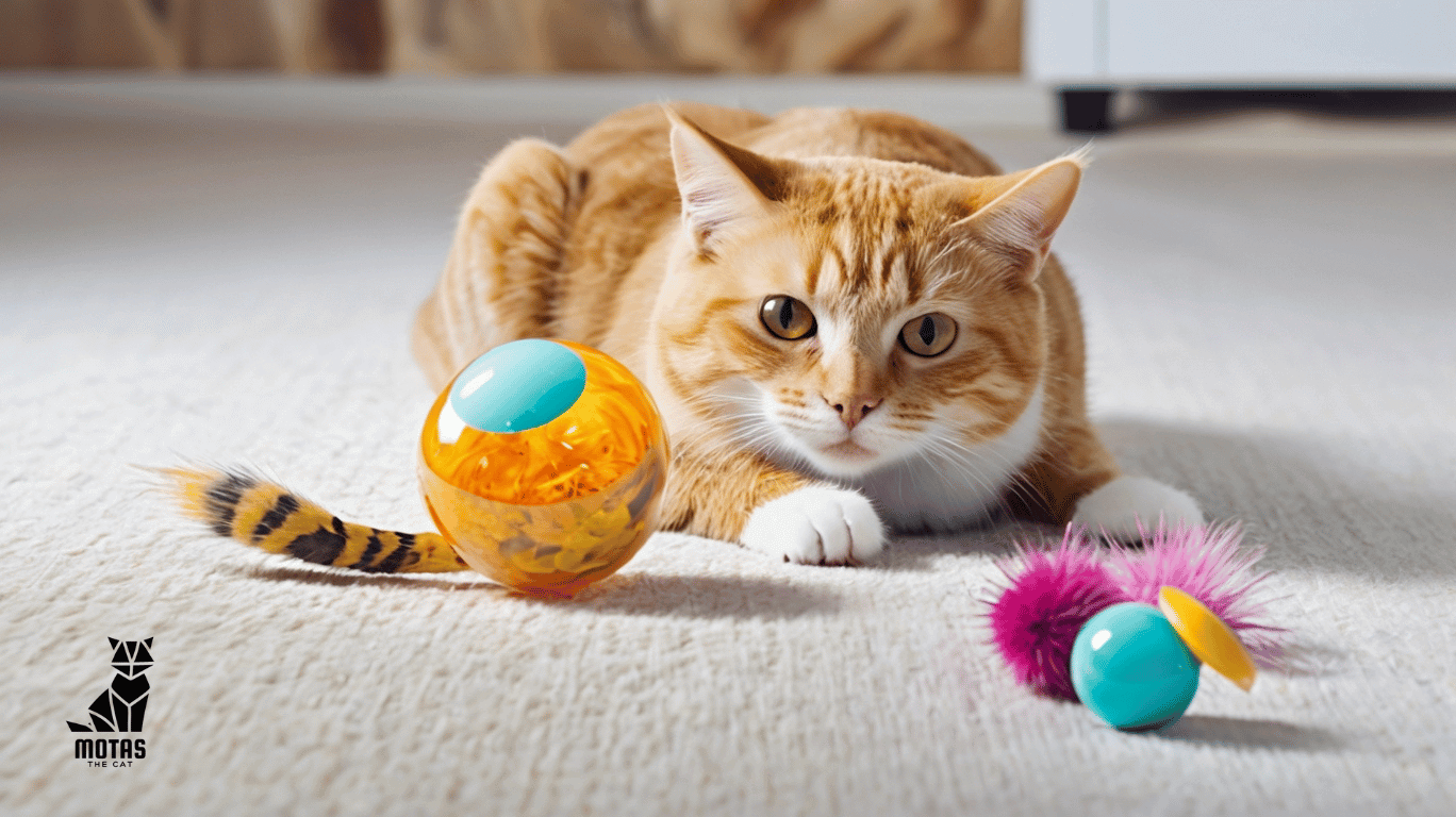 Gizmo the orange tabby cat hunting his favorite toys.