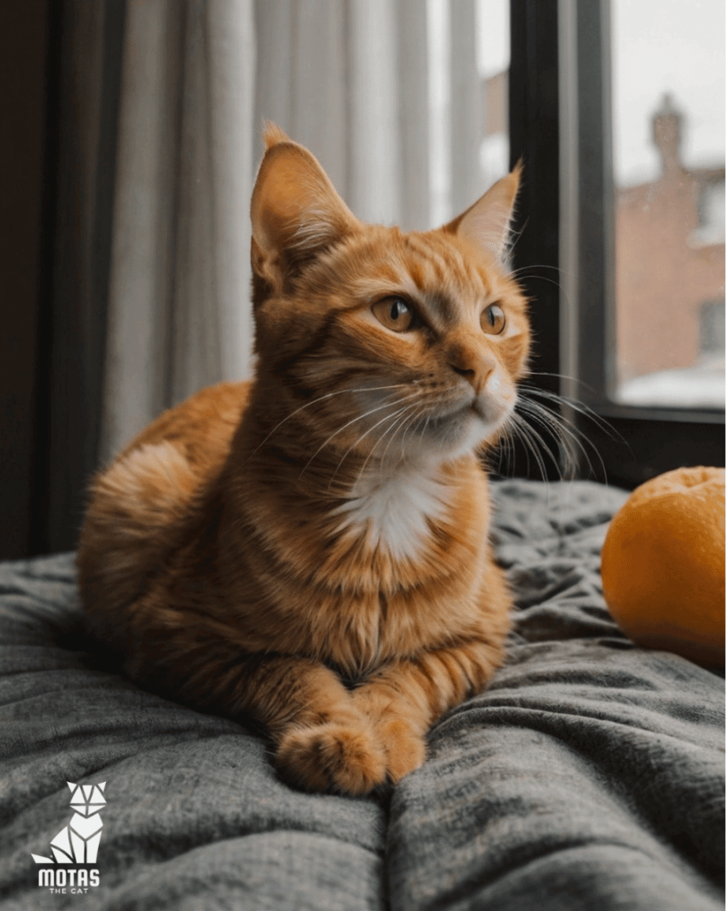 Gizmo the orange tabby cat resting on a cozy blanket by the window