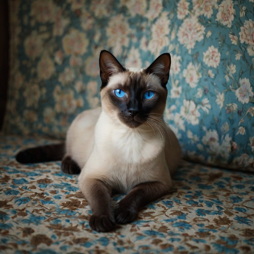 Young Siamese cat Luna with bright blue eyes lying on a patterned fabric