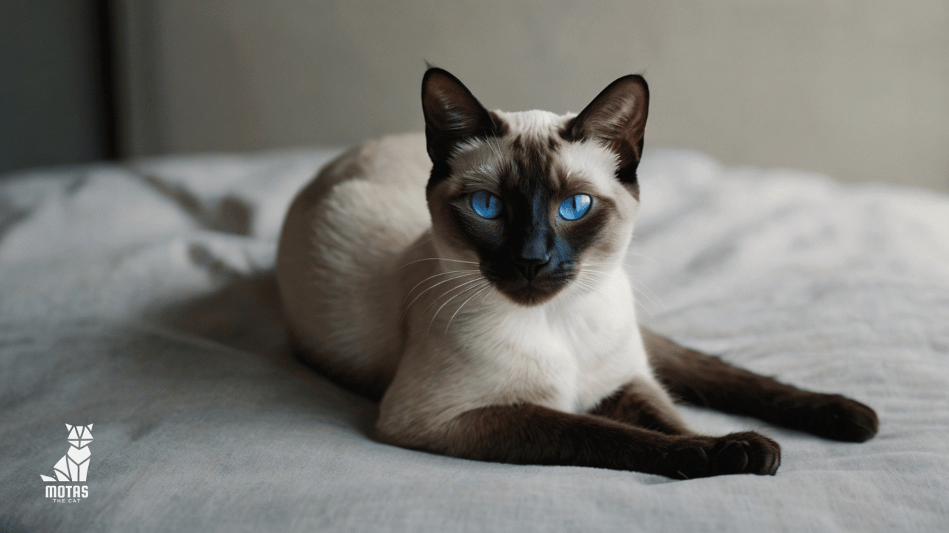 Siamese cat Luna with piercing blue eyes, sitting gracefully.