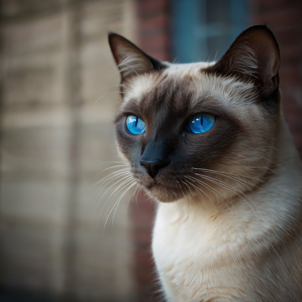 Siamese cat Luna watching over the window with her blue eyes.