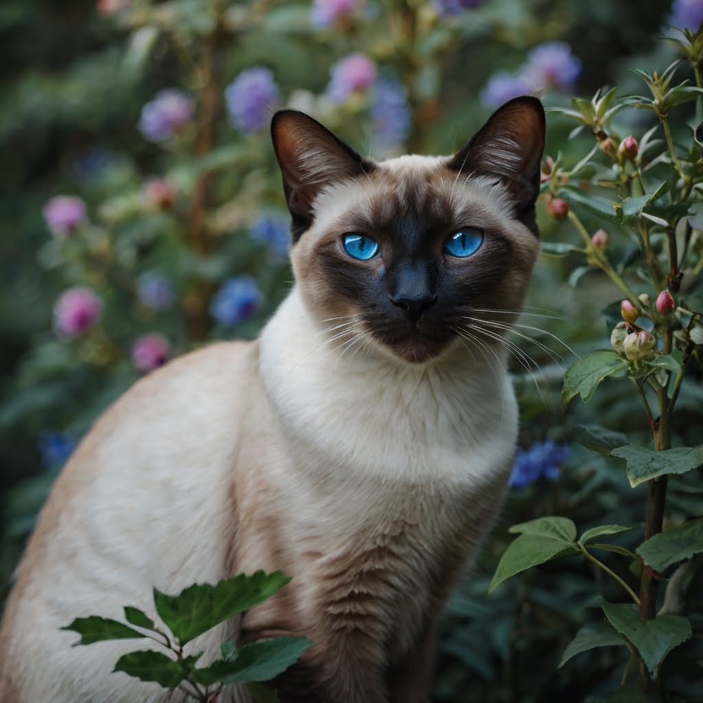 Siamese cat Luna resting and gazing forward with her blue eyes.