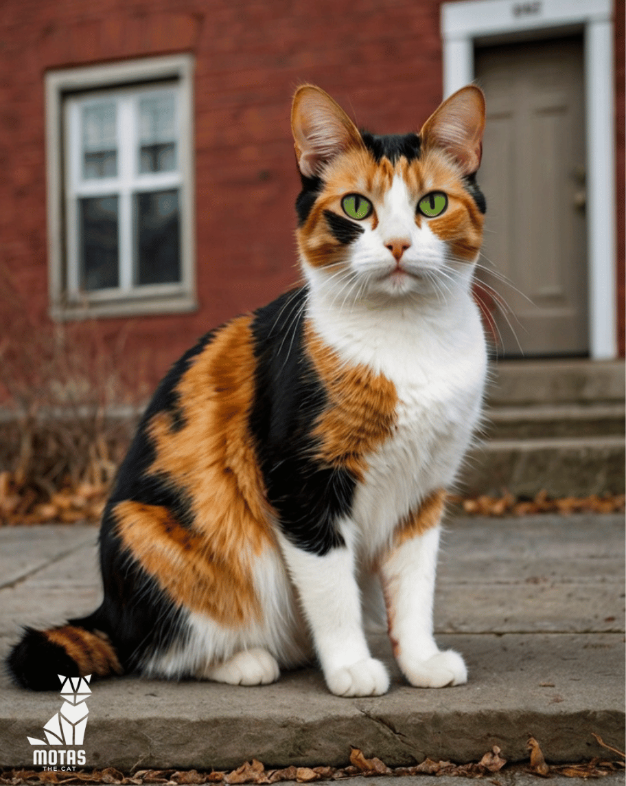 Cleo the calico cat perched on a garden fence.