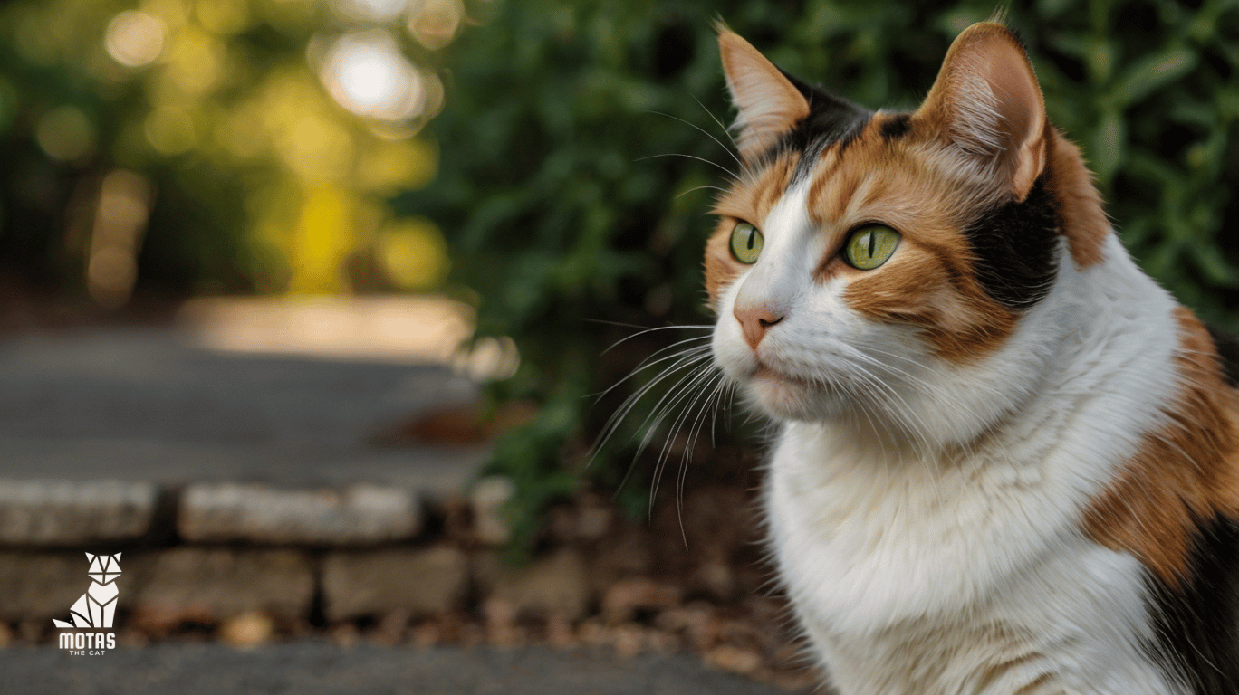 Cleo the calico cat with green eyes sitting outdoors in a park.