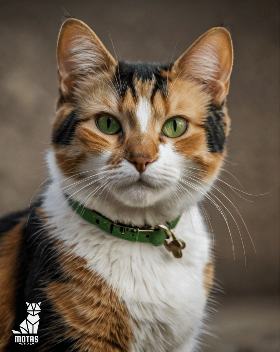 Cleo the calico cat exploring the garden with curiosity.