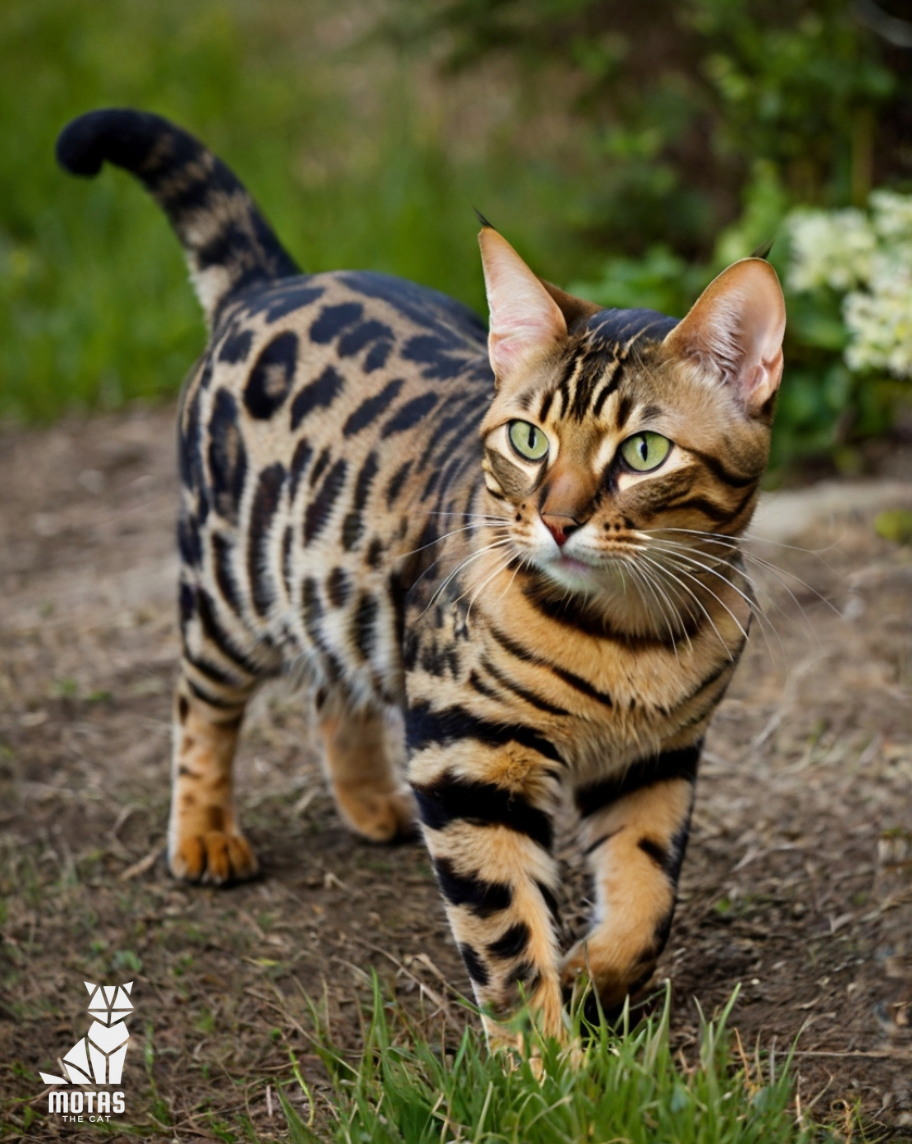 Max the Bengal cat exploring the garden in Whitefish, Montana