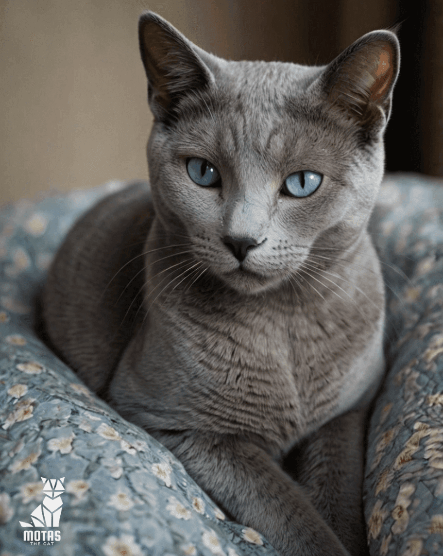 Bella the Russian Blue playing with a feather wand