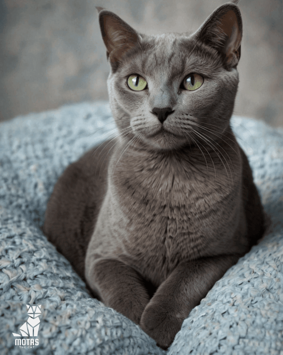 Bella the Russian Blue snuggled on a lap