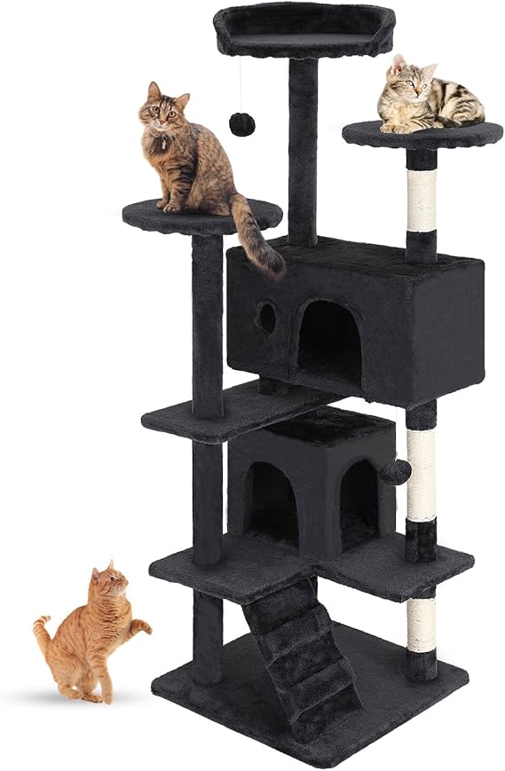 The cat Tree provides 3 top perches platforms and two cozy condo