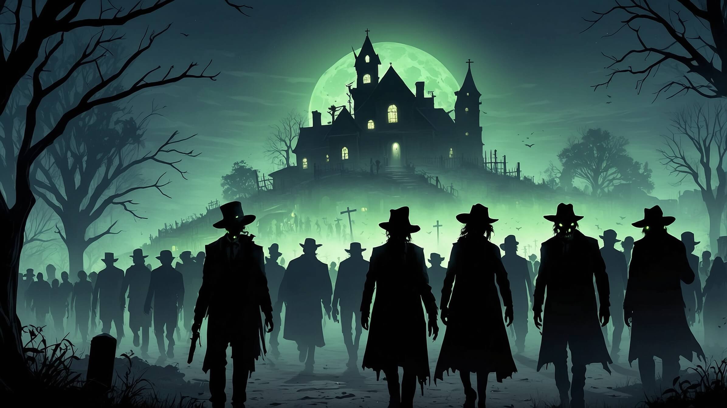 Silhouettes of eerie figures in cowboy hats approach a large haunted mansion under a full moon, casting a sinister green glow over the graveyard in front of the house.