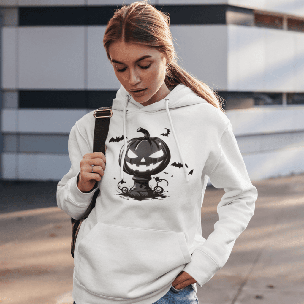 MotasTheCat white hoodie featuring a Pumpkin Carving Champion design with jack-o'-lantern graphic