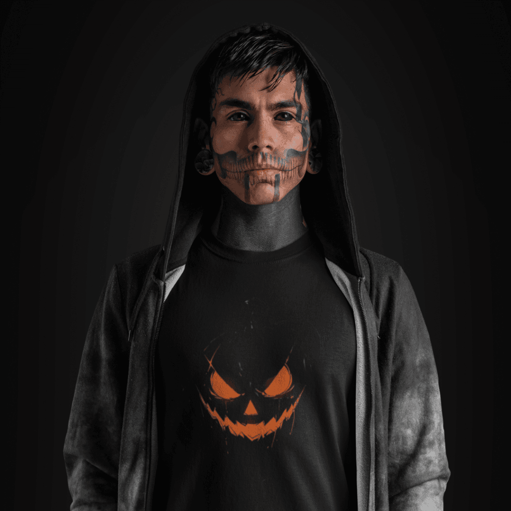 3D jack-o'-lantern face with glowing eyes and menacing grin, appearing to pop out from a dark t-shirt background.