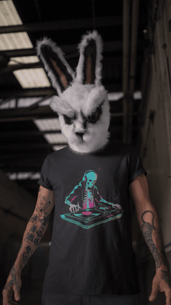 MotasTheCat black T-shirt featuring a spooky Skeleton DJ print design