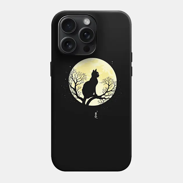 MotasTheCat iPhone 15 Pro Max case featuring a spooky black cat silhouette design against a dark background