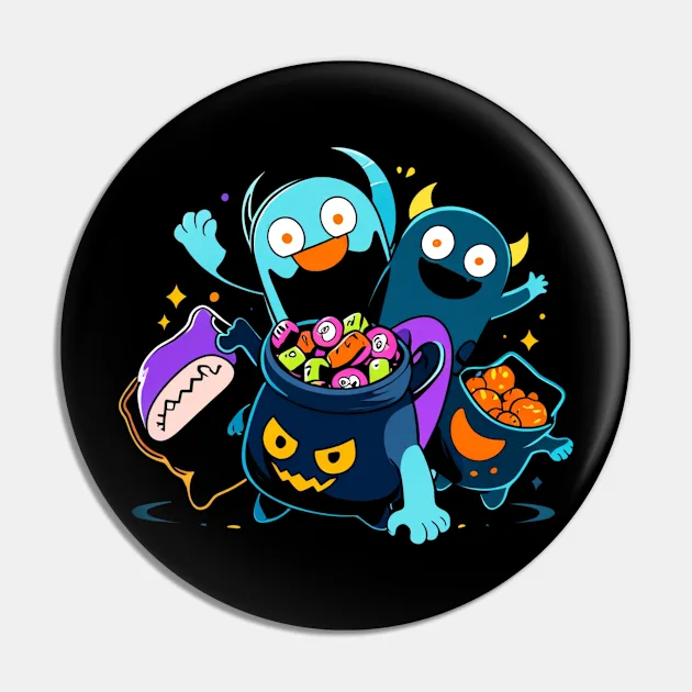 MotasTheCat black enamel pin featuring a colorful Trick-or-Treat Squad design with Halloween characters