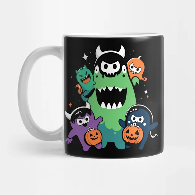 MotasTheCat black coffee mug featuring a colorful Trick-or-Treat Squad design with Halloween characters