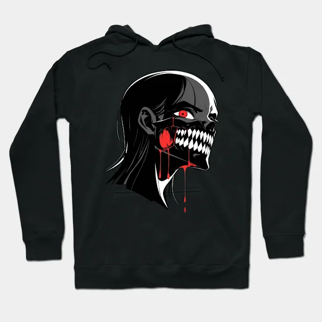 MotasTheCat black hoodie featuring realistic vampire bite marks design on the neck area