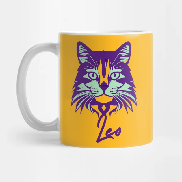 Yellow coffee mug featuring a printed cartoon cat face named Leo