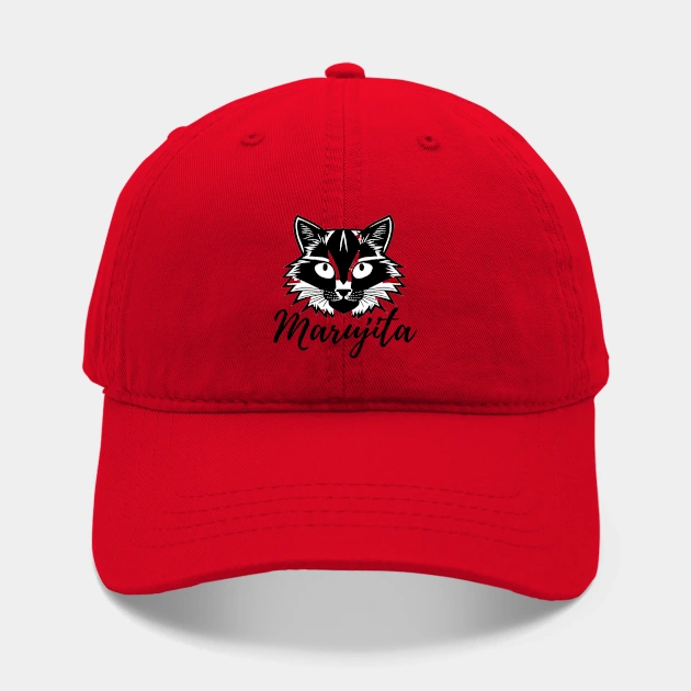 Red baseball cap featuring a printed cartoon cat face named Marujita