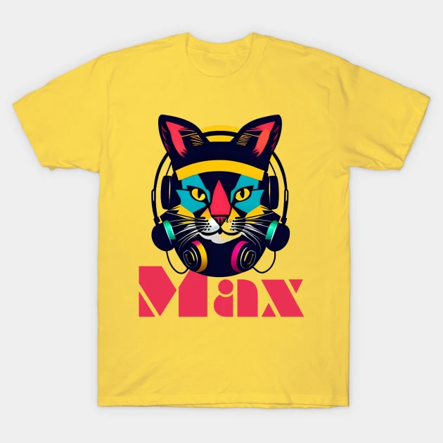 Yellow t-shirt featuring MotasTheCat's Max design, a printed cartoon cat face