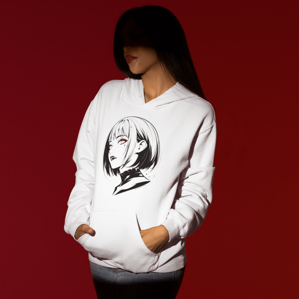 MotasTheCat white hoodie featuring a striking vampire bite print design