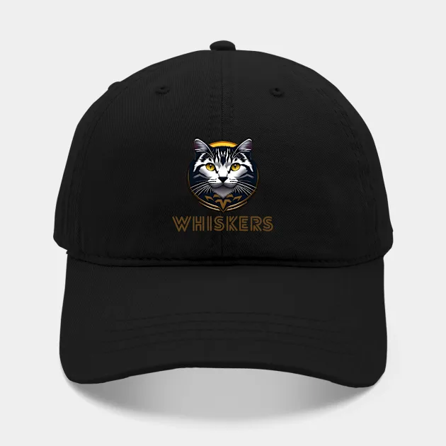 Alternative Text (Alt Text):
MotasTheCat black cap featuring Whiskers, a charming printed cartoon cat face